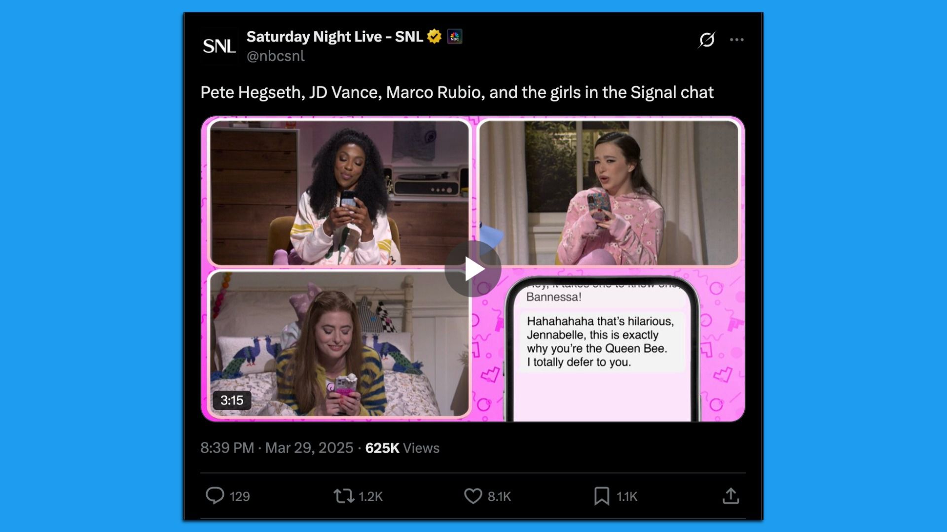 Screenshot of an X post from the official SNL account that reads, "Pete Hegseth, JD Vance, Marco Rubio, and the girls in the Signal chat," and includes an embedded video of the cold open skit