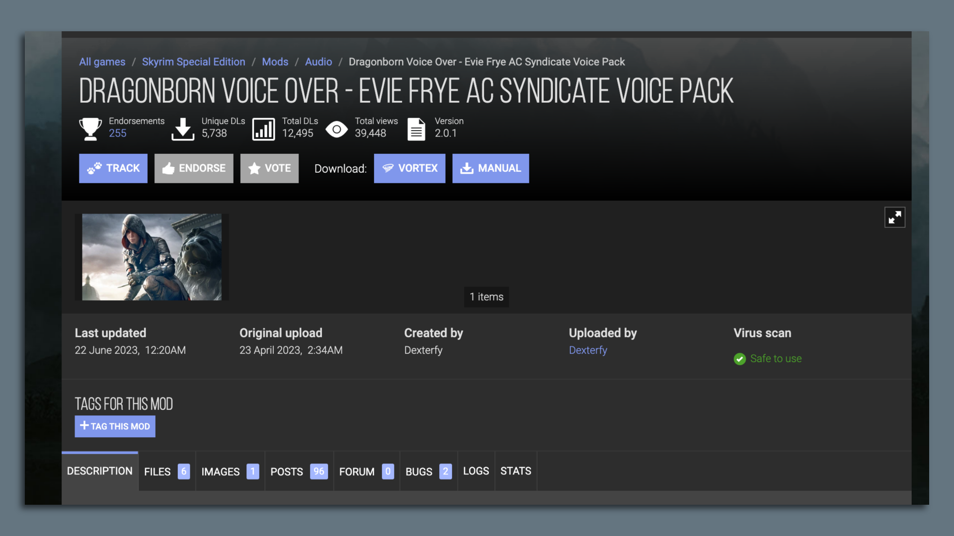 Screenshot of a web page describing a mode that puts Evie Frye’s voice in Skyrim.