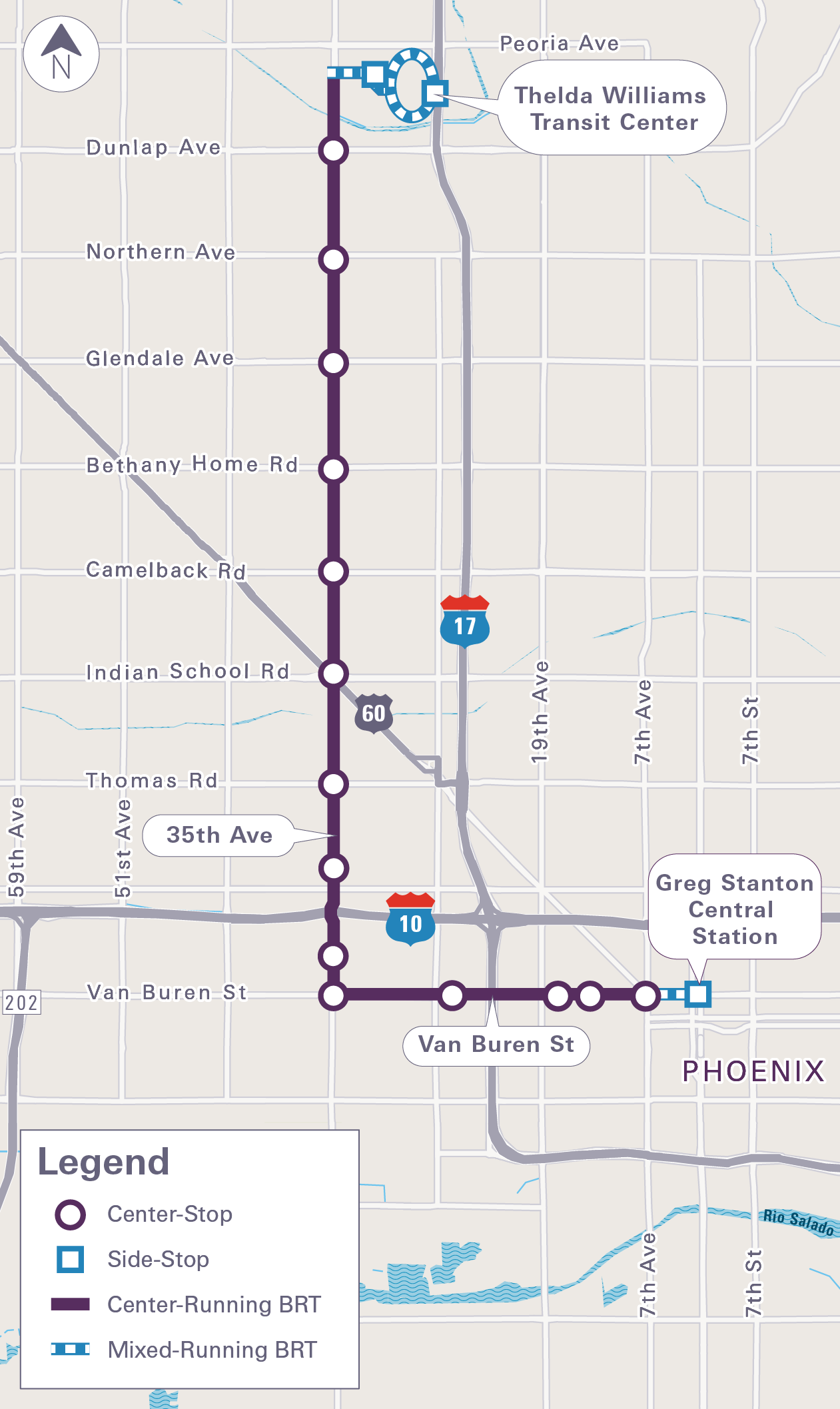 A map showing a planned bus rapid transit route running south on 35th Avenue in Phoenix and then turning east on Van Buren Street.