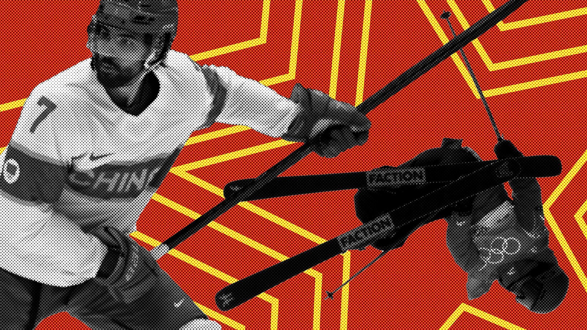 Photo iIllustration of Team China’s Eileen Gu and Jake Chielos with stars.