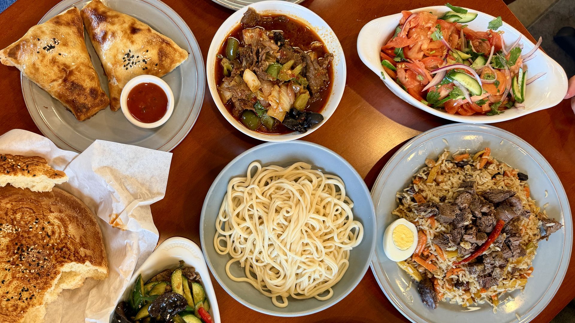 Rice, bread, noodles and soup.