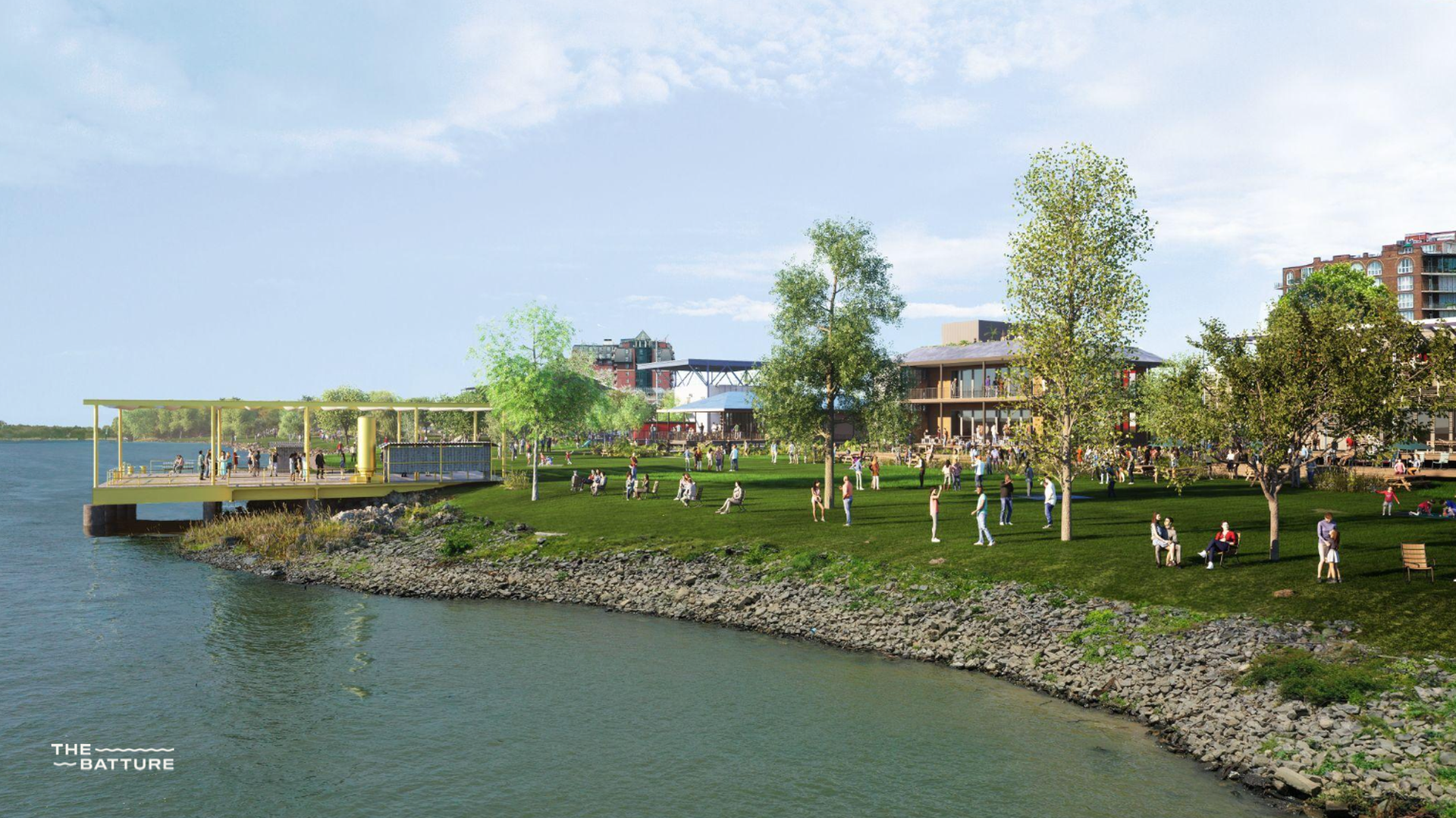 Rendering shows a park with a covered deck on the Mississippi River