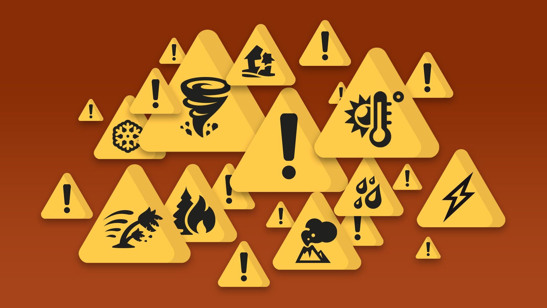 Illustration of overlapping caution icons with exclamation points and severe weather imagery