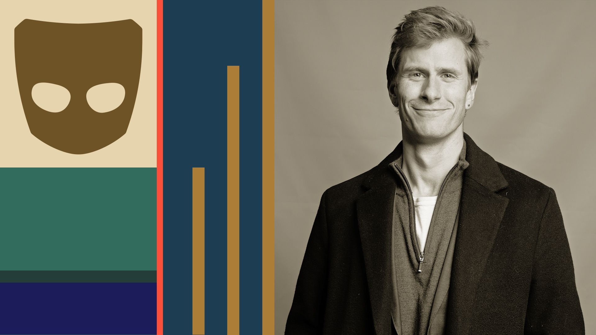 Photo illustration of Patrick Lenihan with abstract shapes and Grindr's logo.