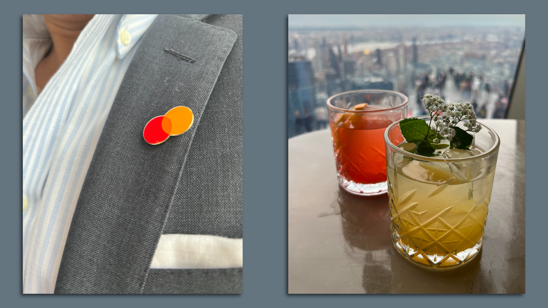 At left, a Mastercard lapel pin; at right, two cocktails in the signature colors of Mastercard.