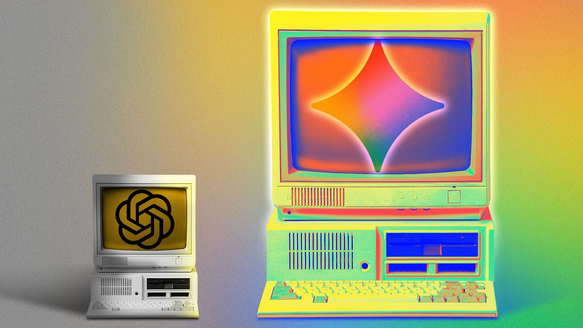 تصویر یک رایانه بزرگ رنگارنگ که لوگوی جیمینی را در کنار یک رایانهٔ کوچک تیره که لوگوی OpenAI دارد نشان میدهد