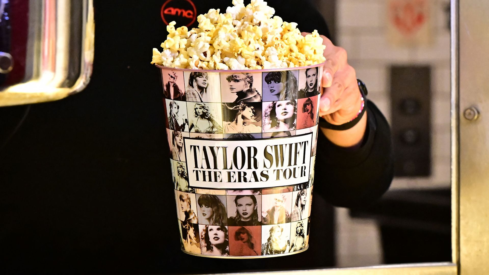 A tub of popcorn in US singer Taylor Swift's merchandise is pictured.