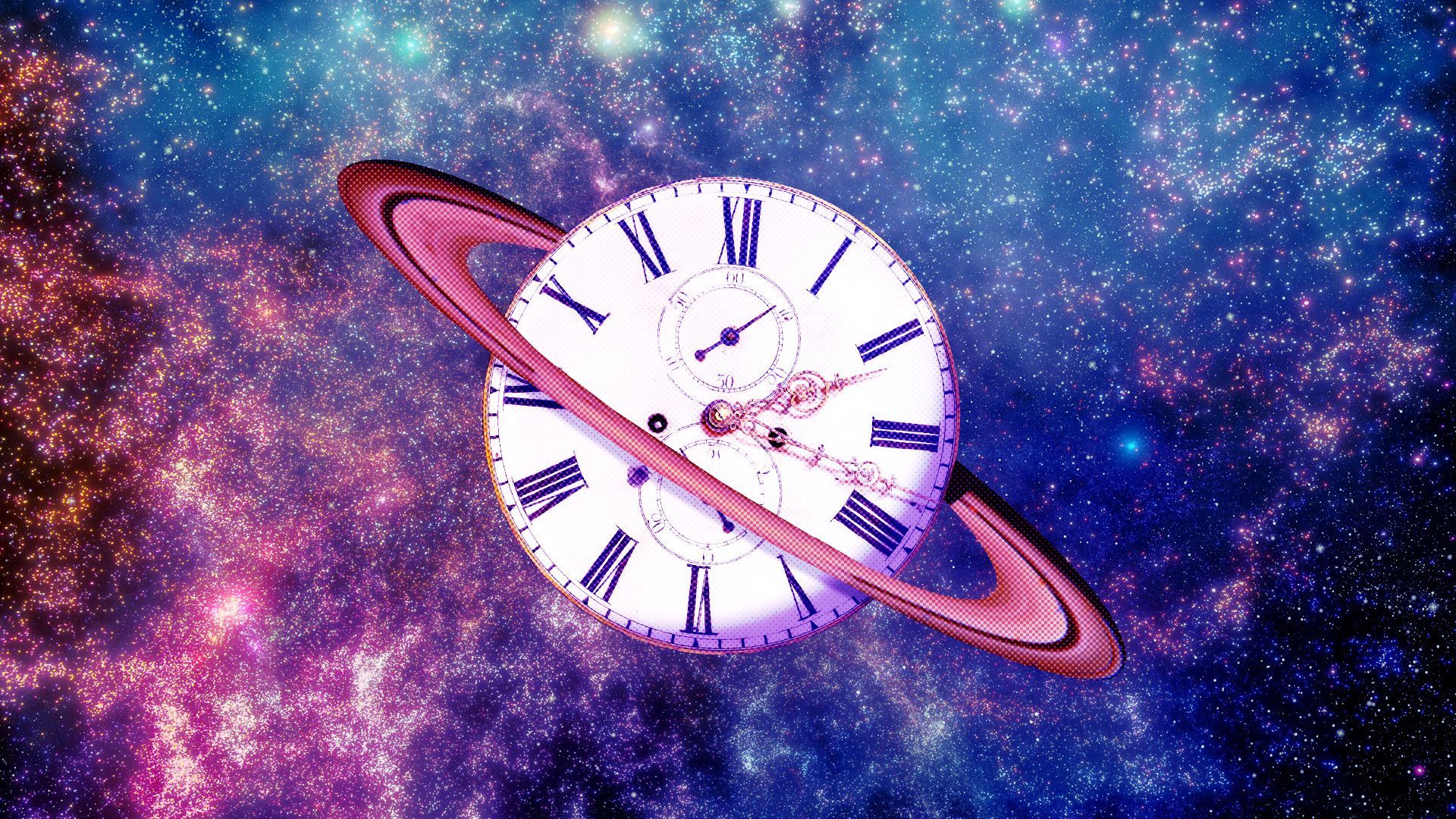 Illustration of an antique clock floating in space with the rings of Saturn around it
