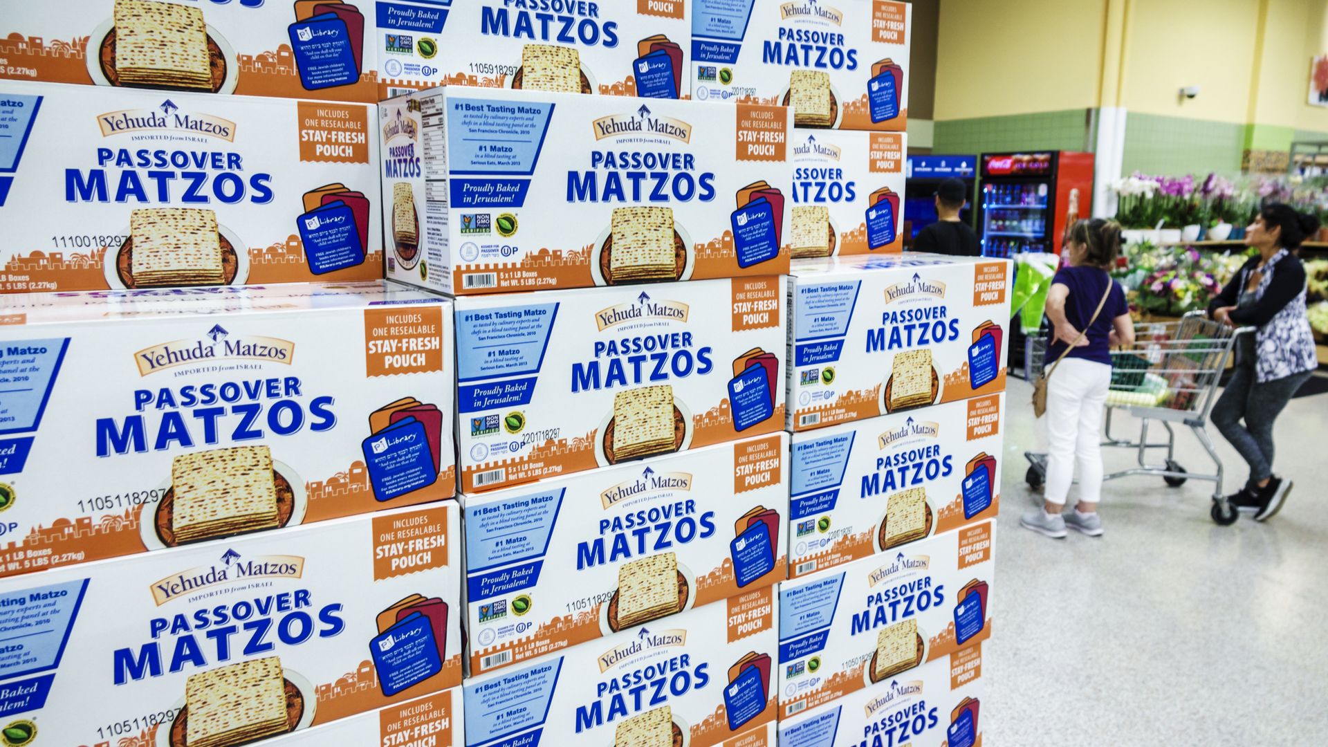 Stack of matzos at supermarket.