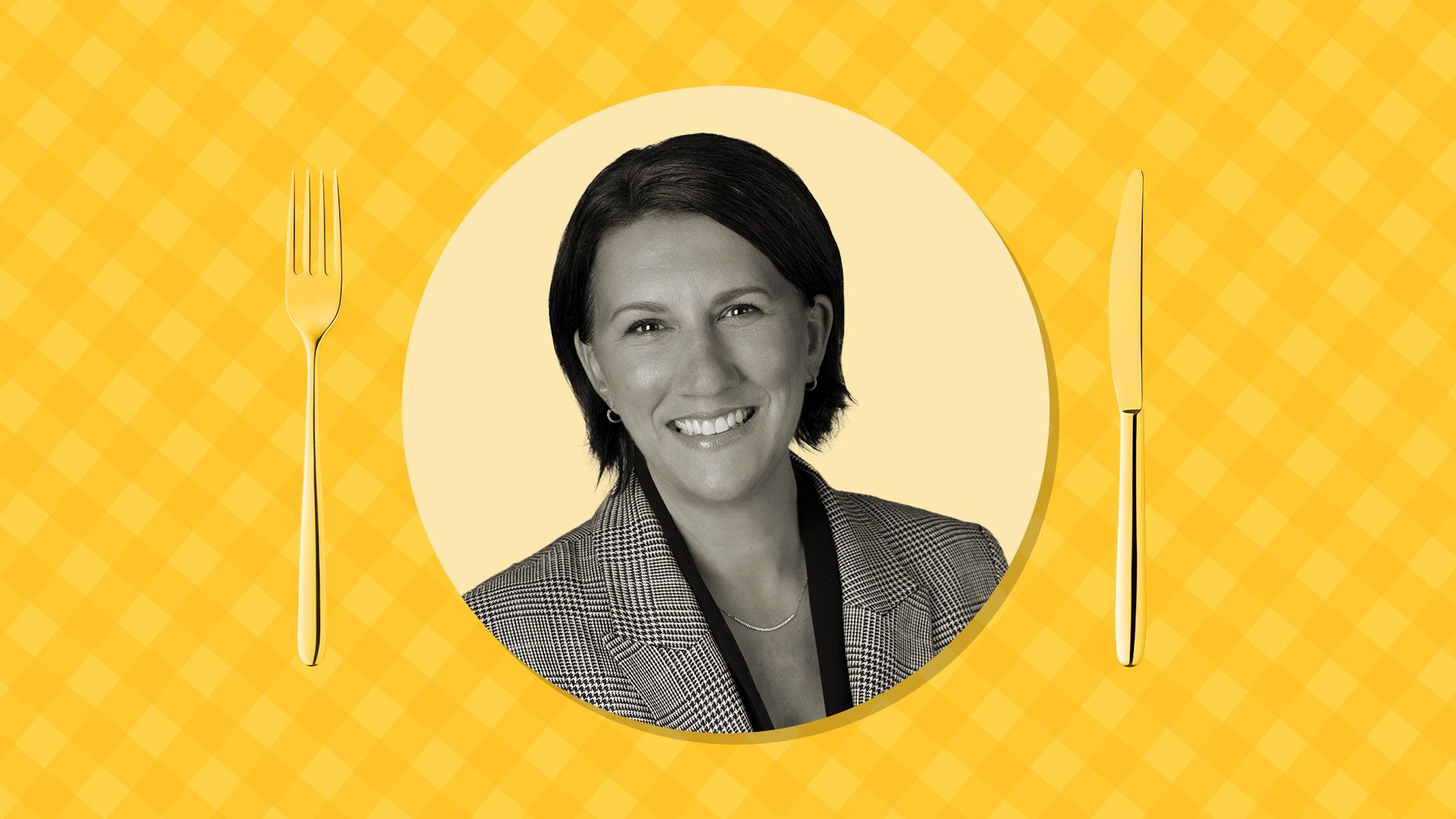 a portrait of jenny wall surrounded by a gingham tablecloth and place setting
