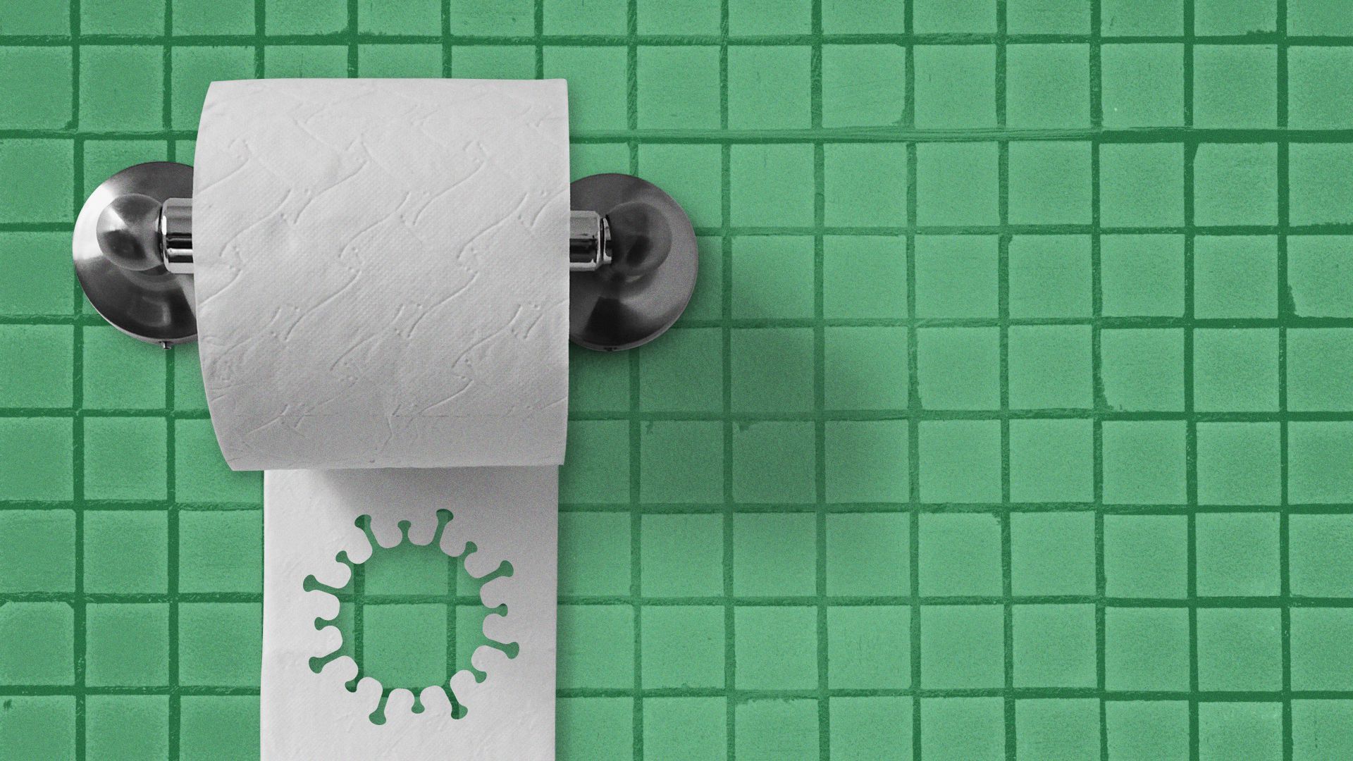 Illustration of a tiled wall with a COVID cell cut into a sheet of toilet paper on the roll.