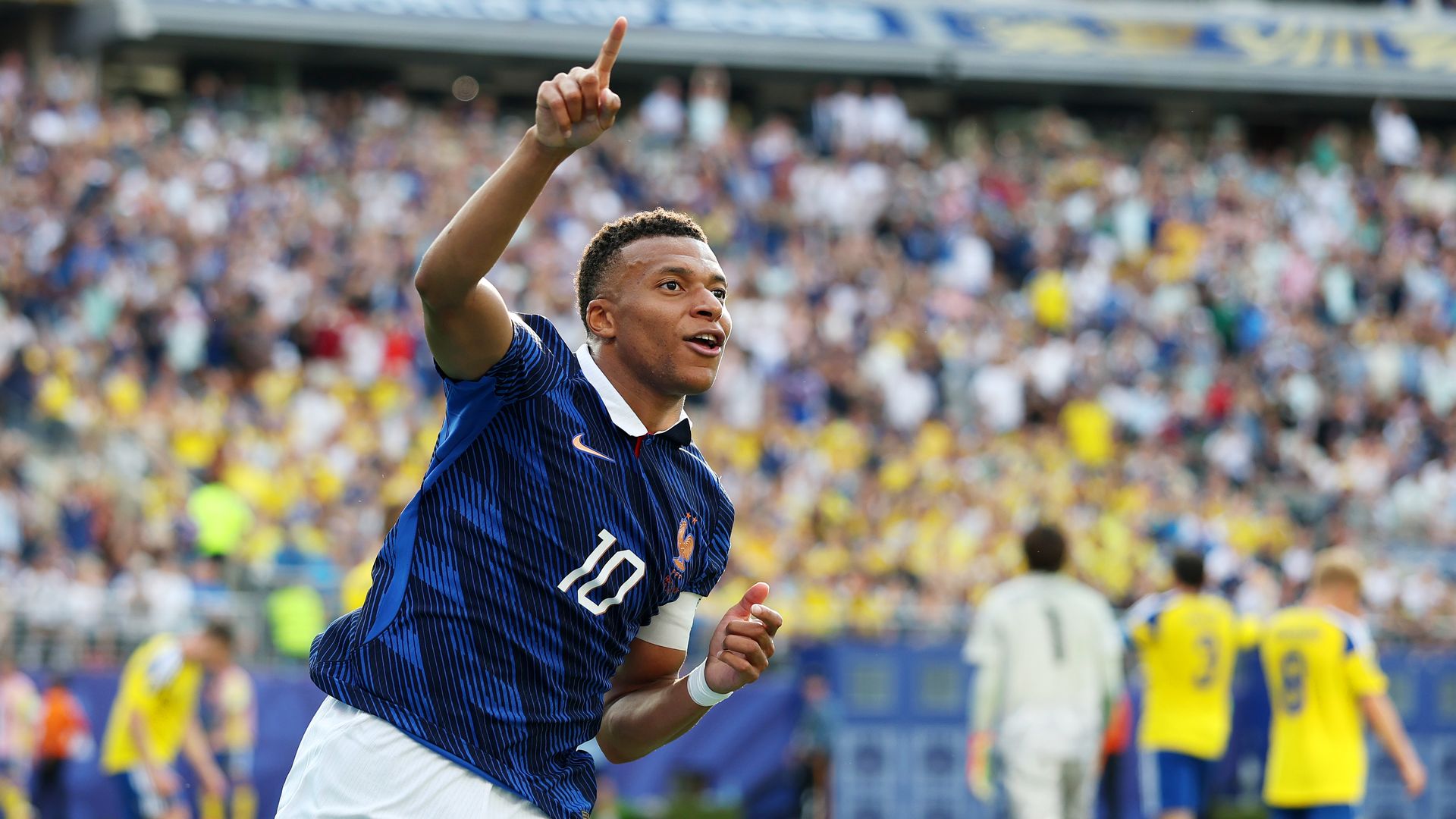 France's Kylian Mbappe celebrates scoring his team's third goal during Tuesday's win over Sweden in the World Cup.