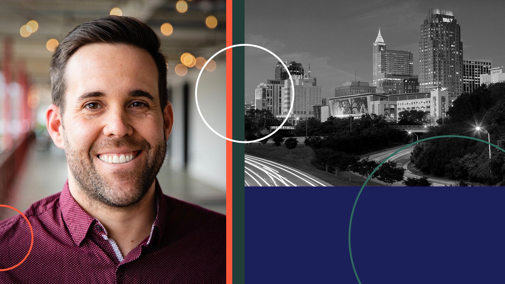 Photo illustration of Clark Rinehart collaged with photos of Raleigh and abstract shapes. 