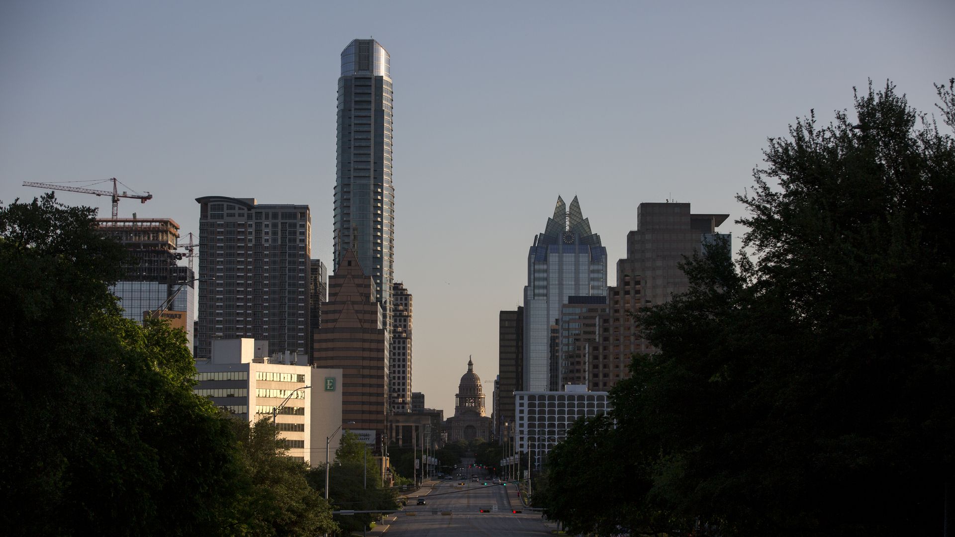 Photo of the skyline of Austin from South Congress street
