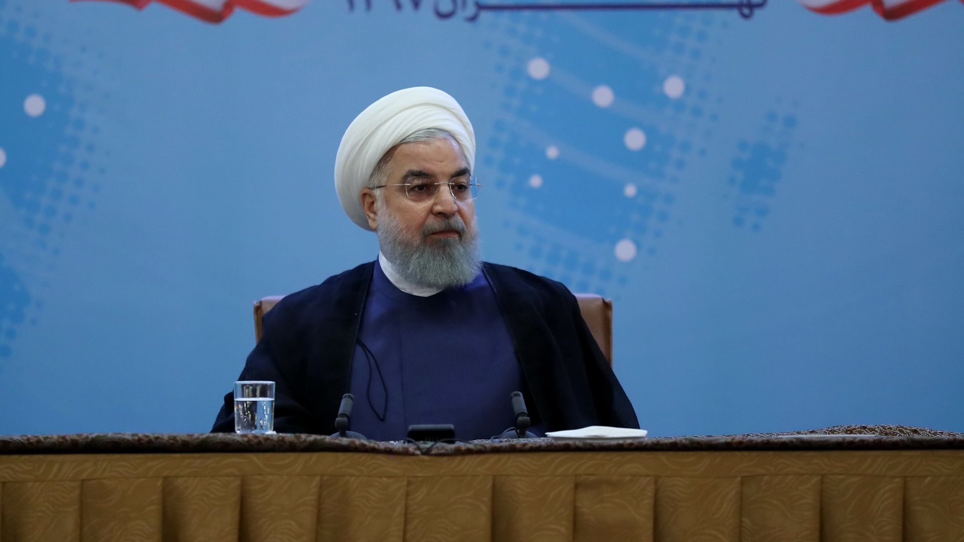  Iranian President Hassan Rouhani speaking to foreign embassies and diplomatic mission representatives of Iran on Sunday. Photo: Iranian Presidency / Handout/Anadolu Agency/Getty Images