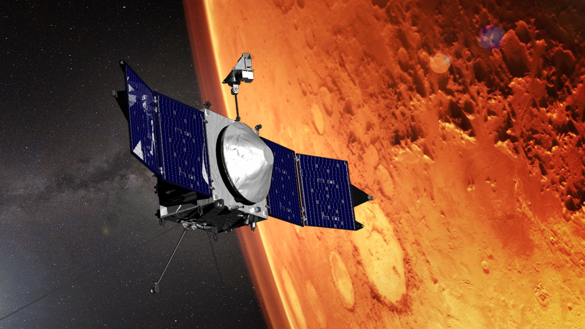 Artist's illustration of the MAVEN spacecraft in orbit around Mars.