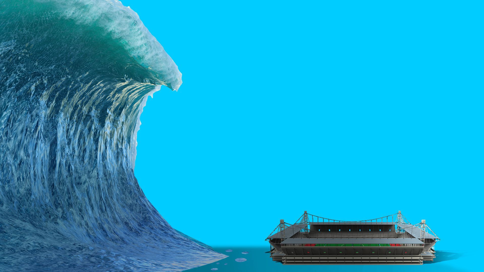 Illustration of a giant wave casting a shadow over a stadium. 