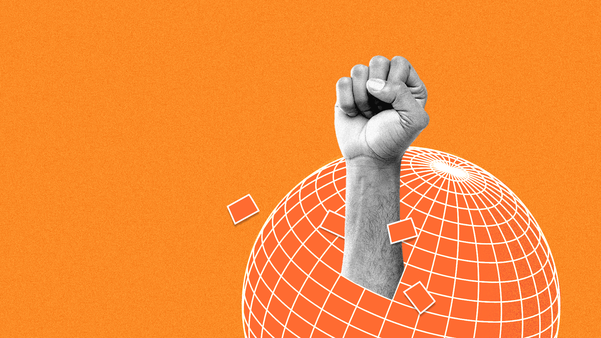 Illustration of a fist breaking through a world globe