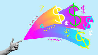 Graphic of money and rainbows being shot out of pointer finger.