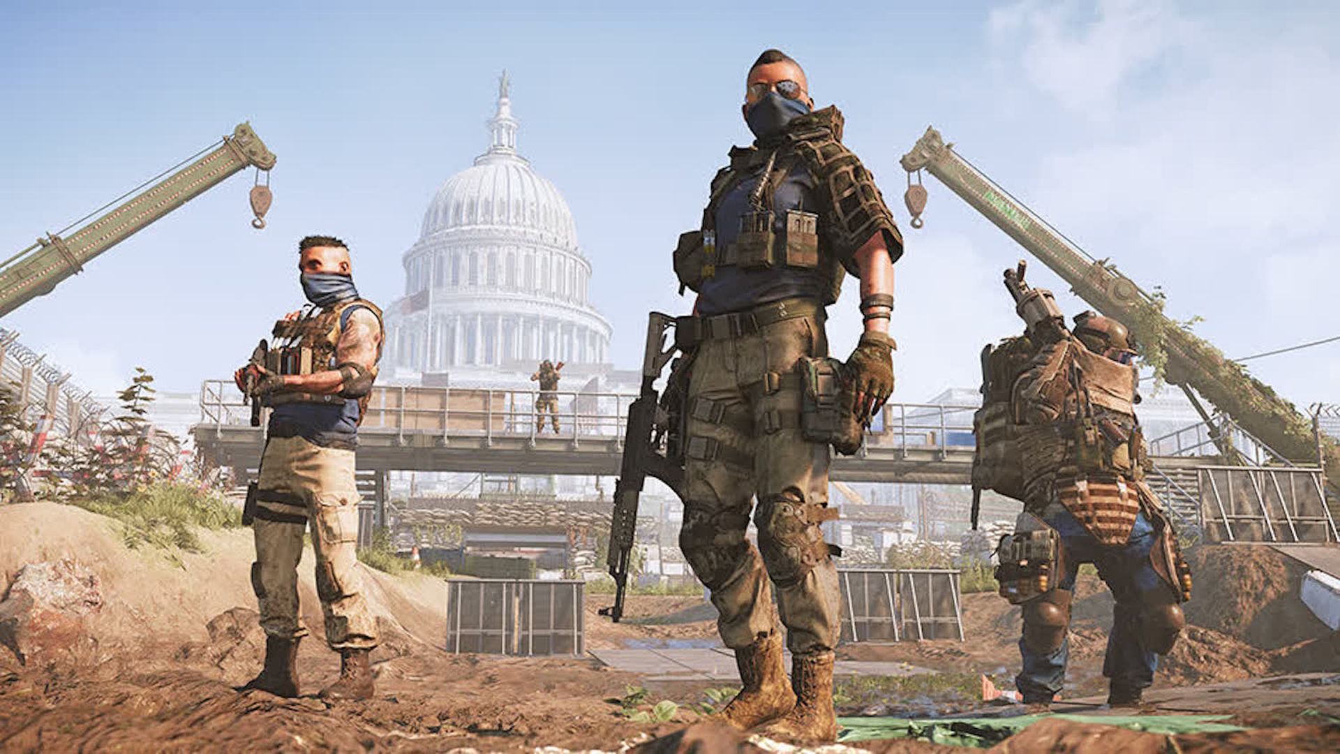 Video game screenshot of armed men standing in front of the U.S. Capitol building