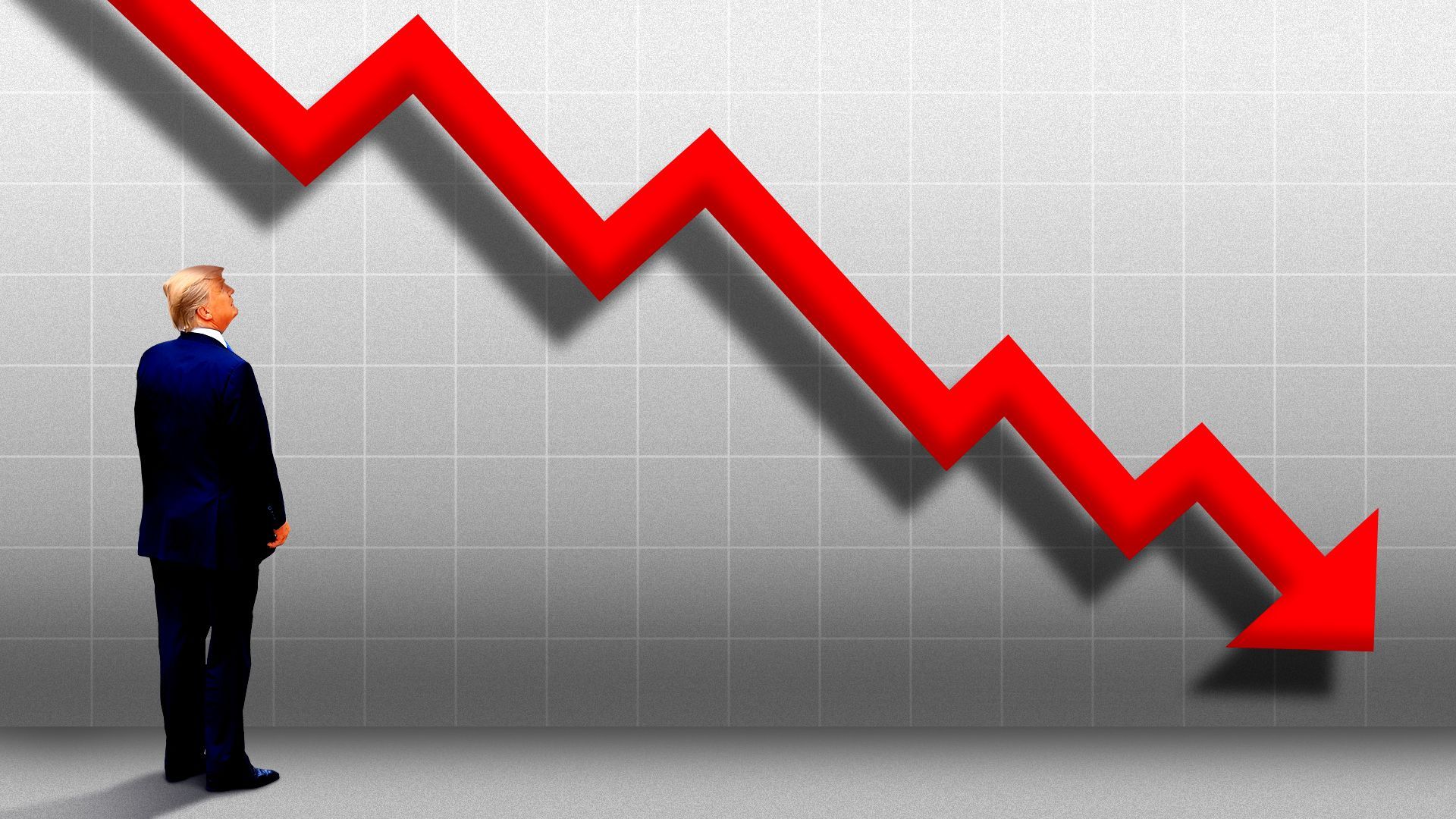 Photo illustration of President Trump looking at a downward trending red line on a grid background