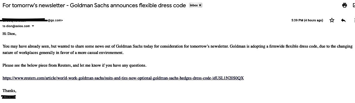 A pitch from a Goldman Sachs press person about their new dress code.