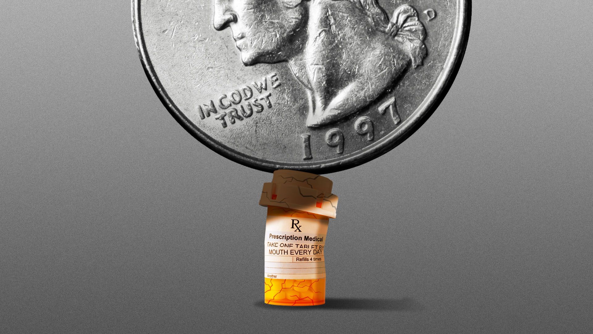 Illustration of a pill bottle being crushed by a giant quarter.