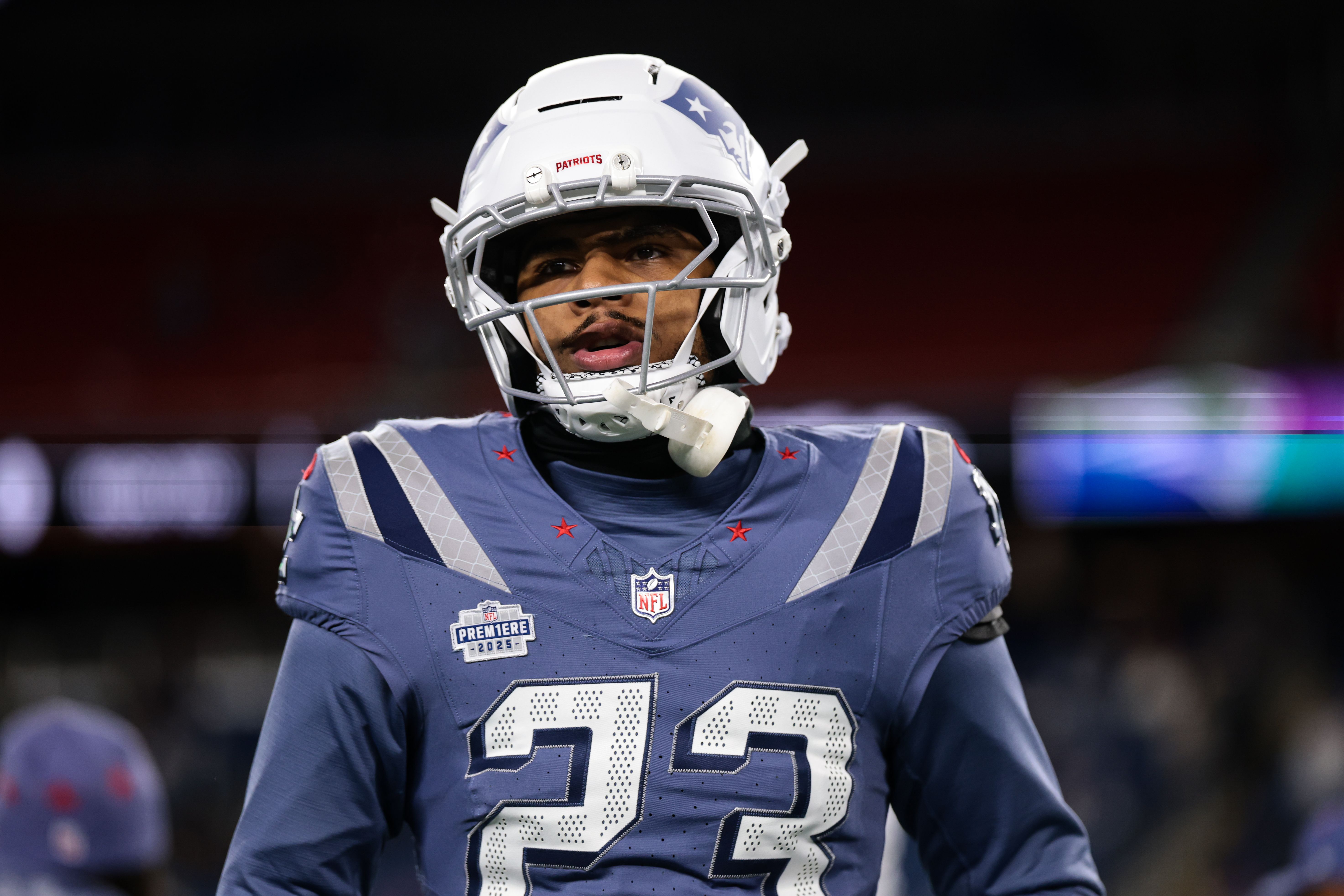 John Saunders Jr. #23 of the New England Patriots warms up prior to the game against the New York Jets at Gillette Stadium on November 13, 2025 in Foxborough, Massachusetts. (Photo by Kathryn Riley/Getty Images)