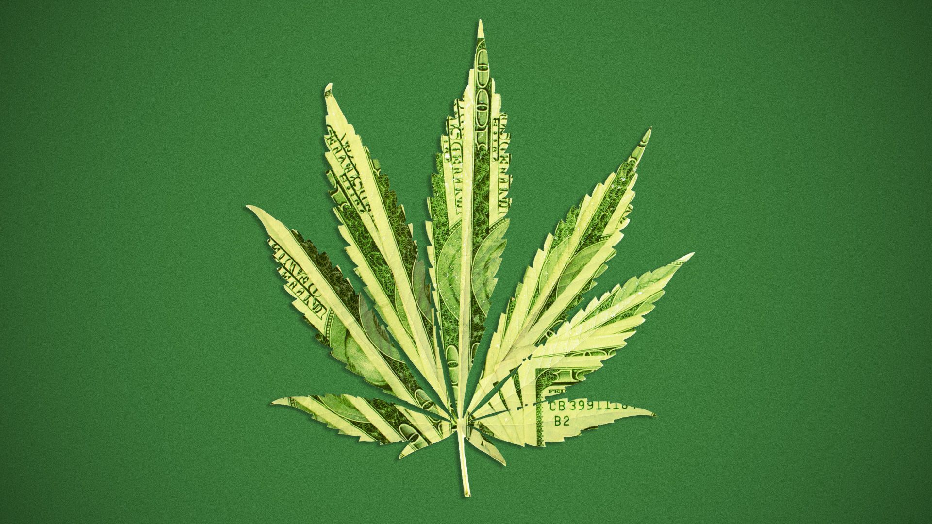 Illustration of a cannabis leaf made of money.