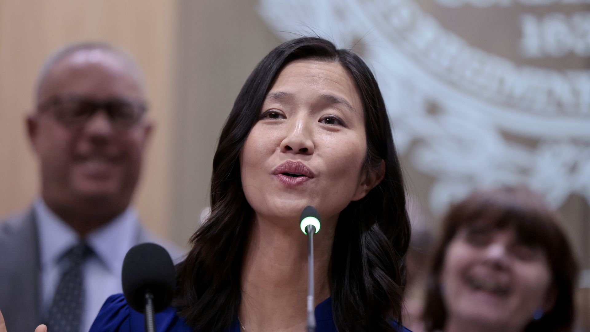 Boston Mayor Michelle Wu speaks during a press conference on February 5, 2026.