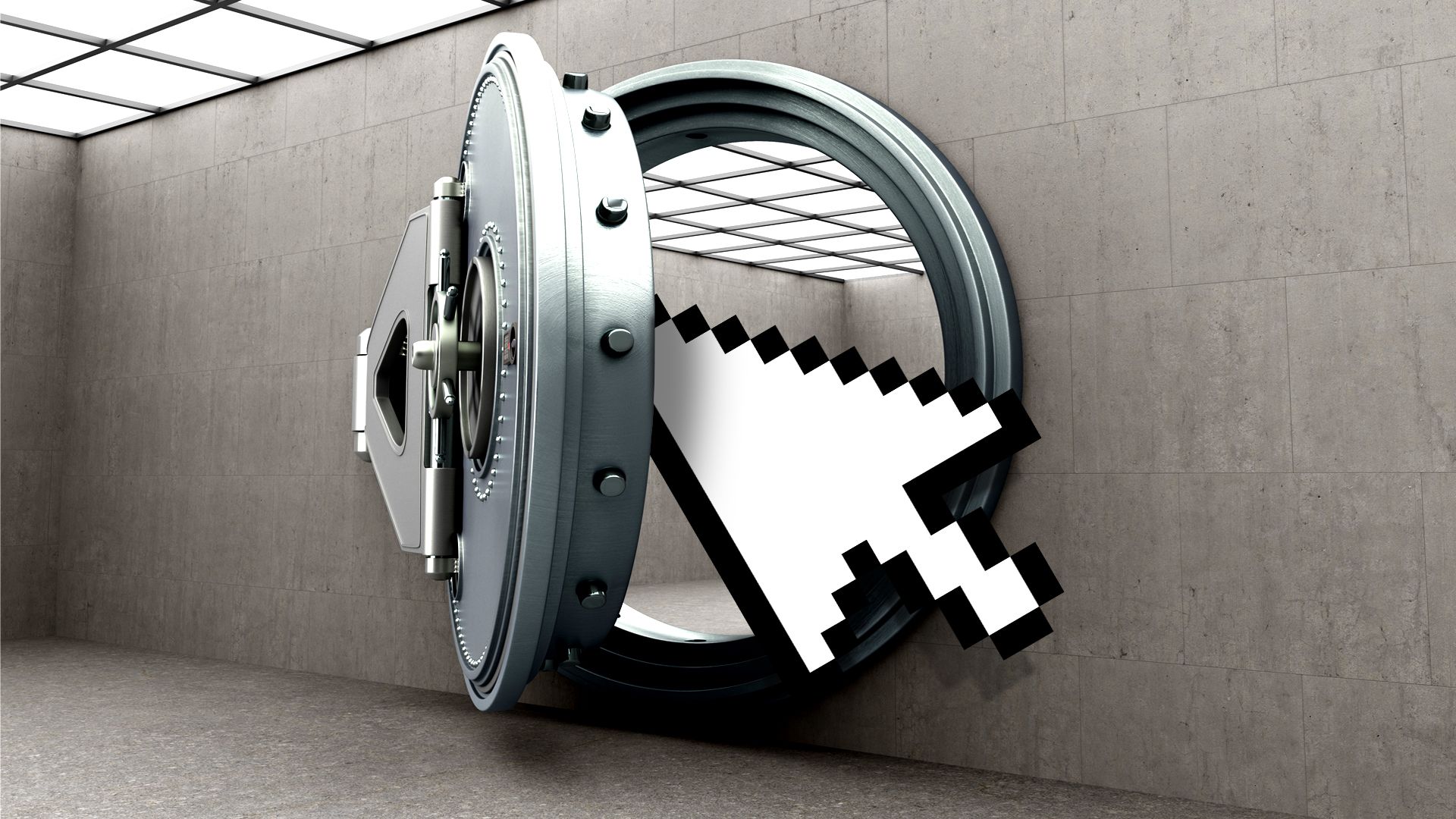 Illustration of a computer cursor entering a bank vault