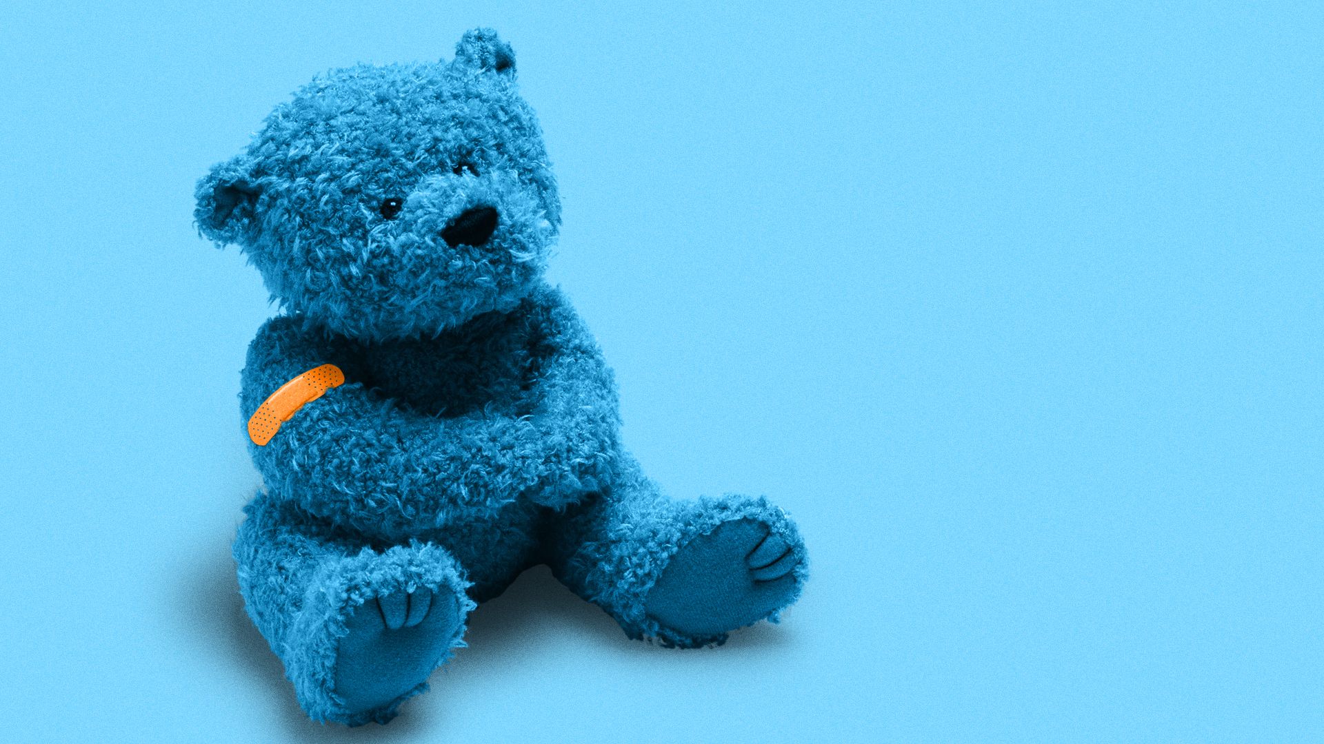 Illustration of a blue teddy bear with orange band-aid on its arm. 