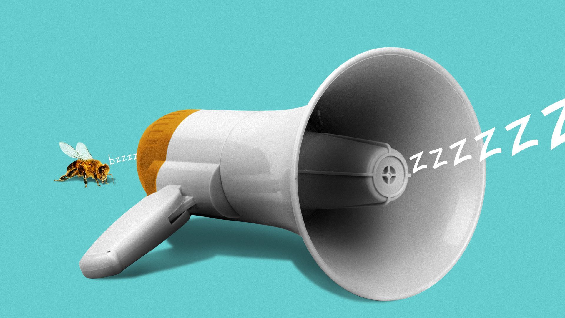 Illustration of a bee and a megaphone emitting a buzzing sound.