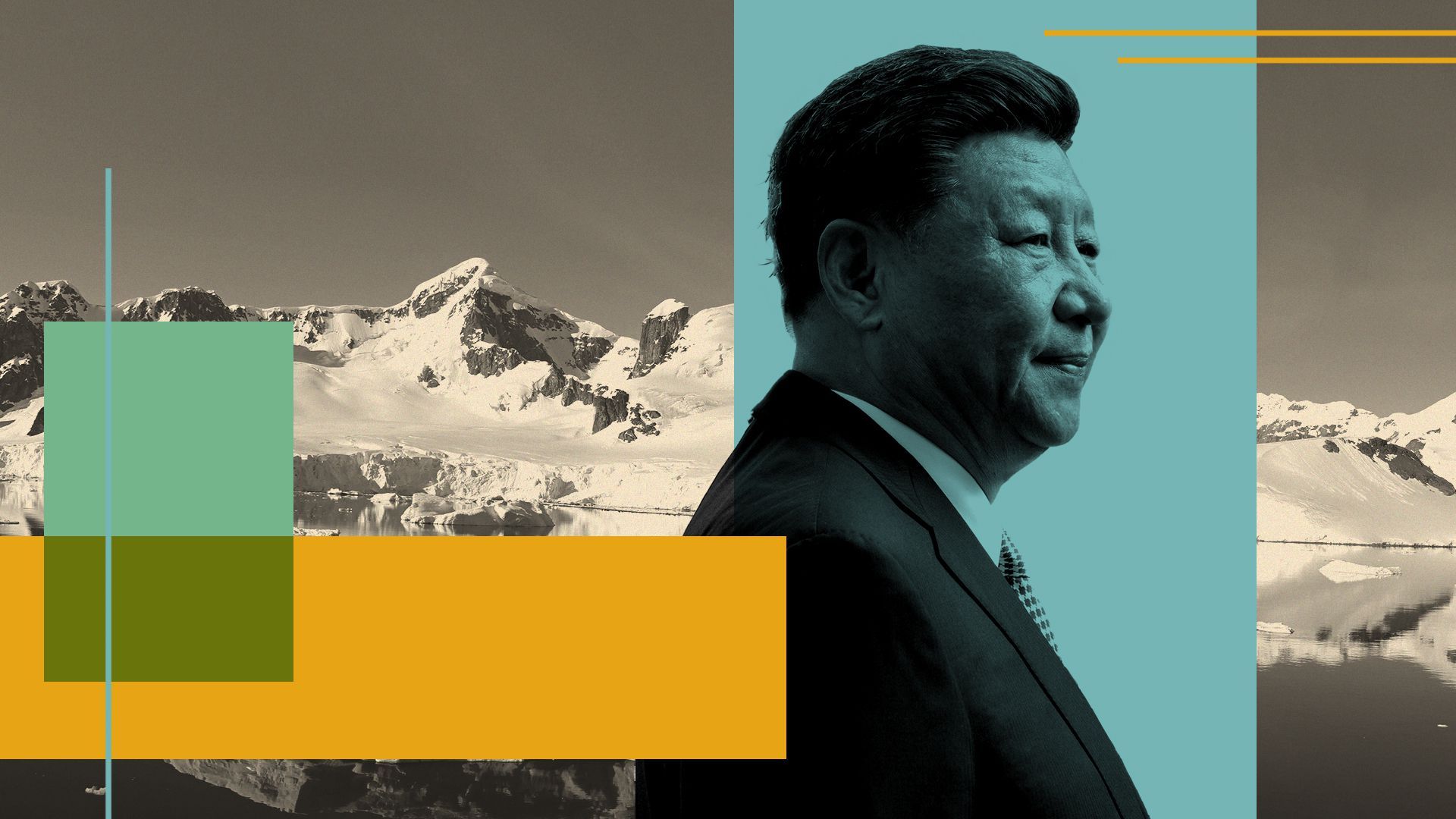Illustration of Xi in front of ice caps