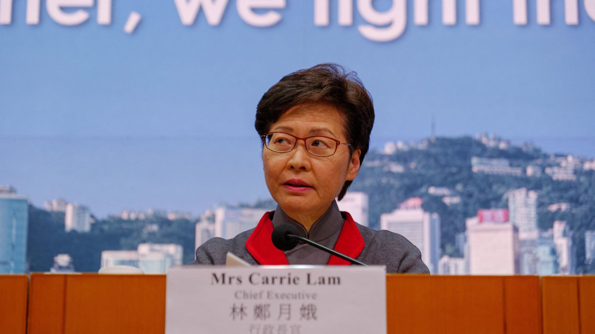 Hong Kong's Chief Executive Carrie Lam holds a press conference as her government announces strict new anti-coronavirus controls in Hong Kong on January 5, 2022.