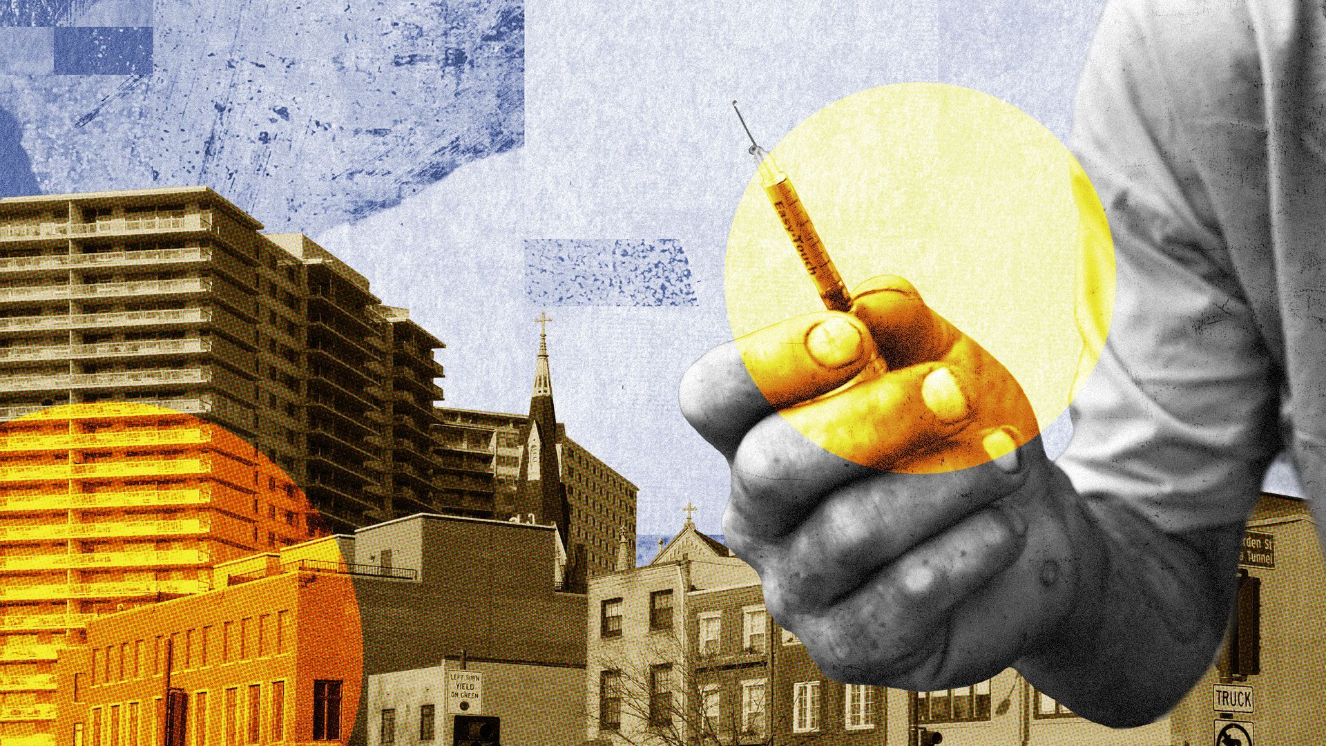 Photo illustration of circles overlaying a hand holding a syringe with a partial skyline in the background.