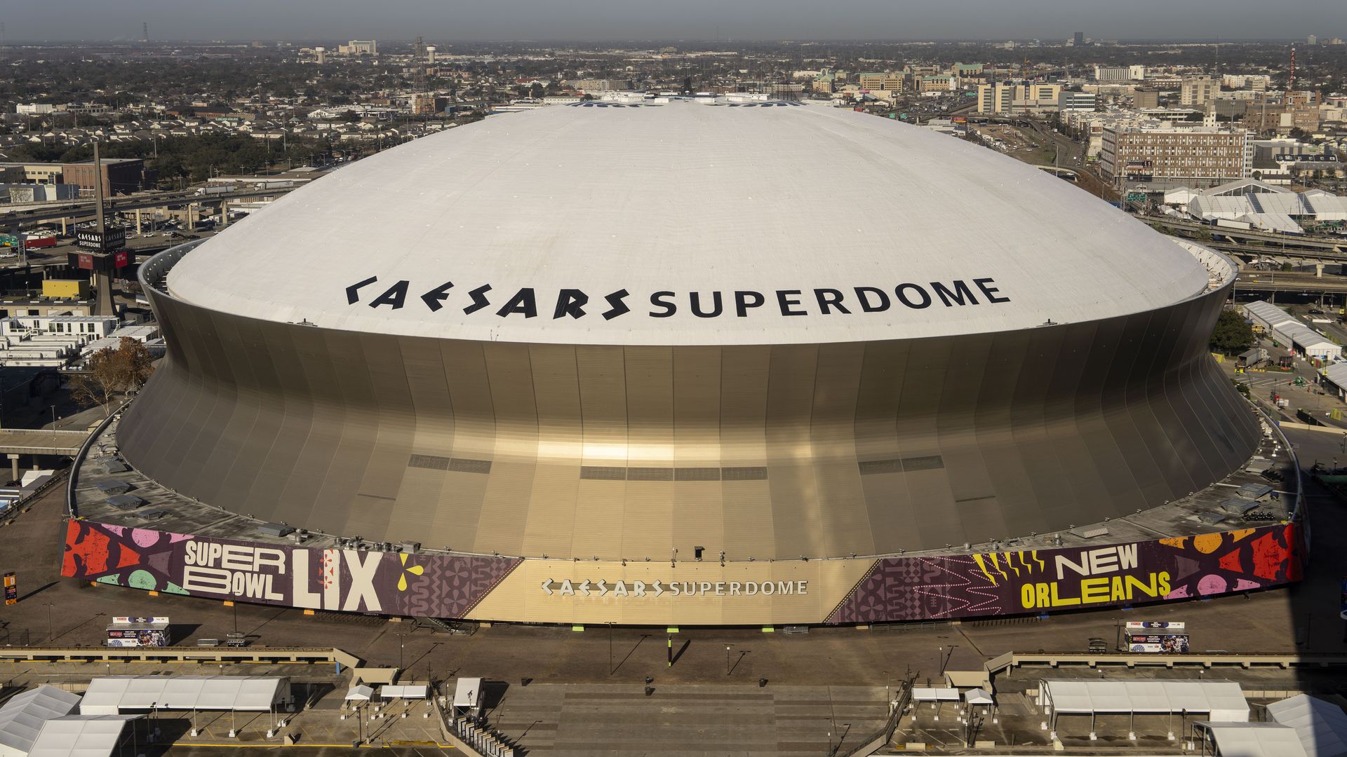 The outside of Caesars Superdome before Super Bowl 59.