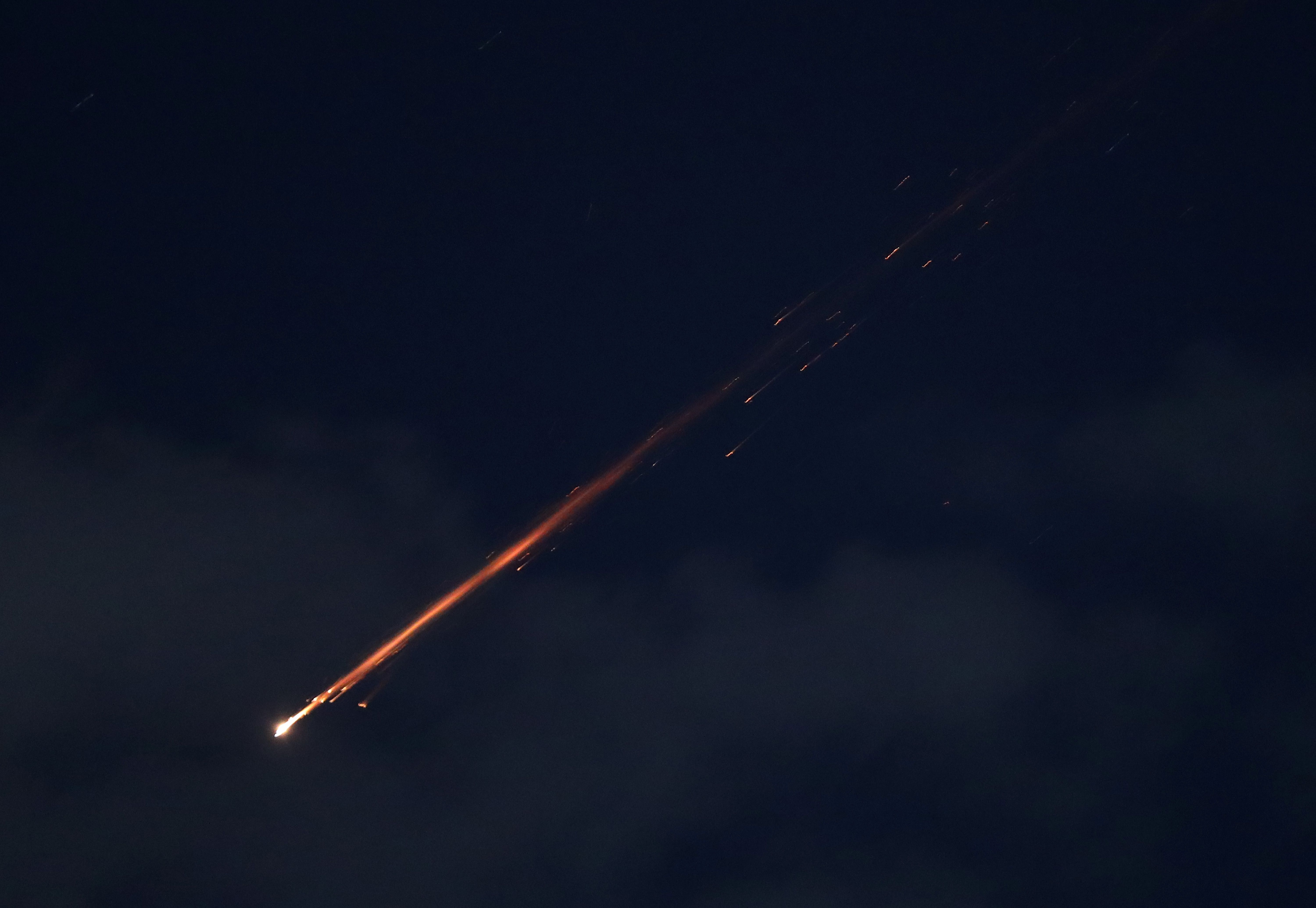 HEBRON, WEST BANK - FEBRUARY 28: Some of the missiles launched from Iran are spotted in the skies over Hebron as Iran's missile attacks in retaliation for US-Israeli strikes continue on February 28, 2026 in West Bank. (Photo by Wisam Hashlamoun/Anadolu via Getty Images)