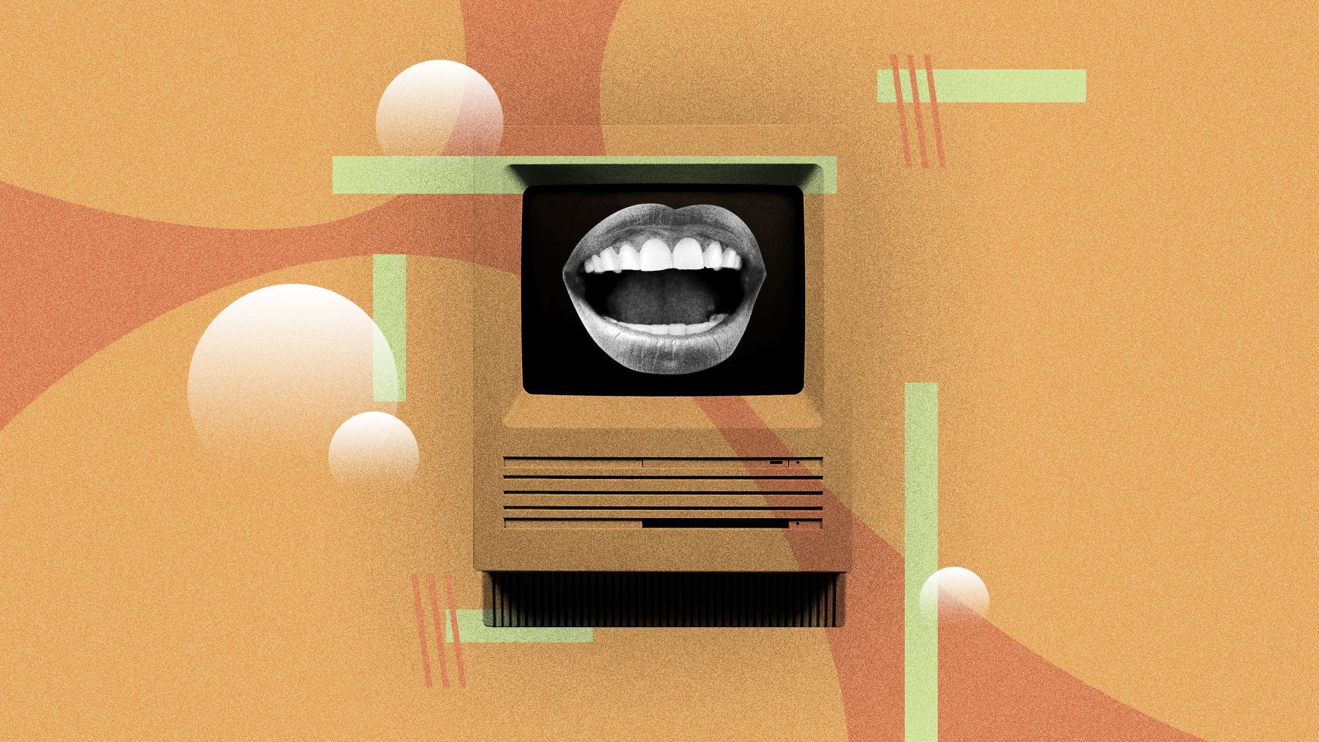 Illustration of an old computer with a mouth on the screen.