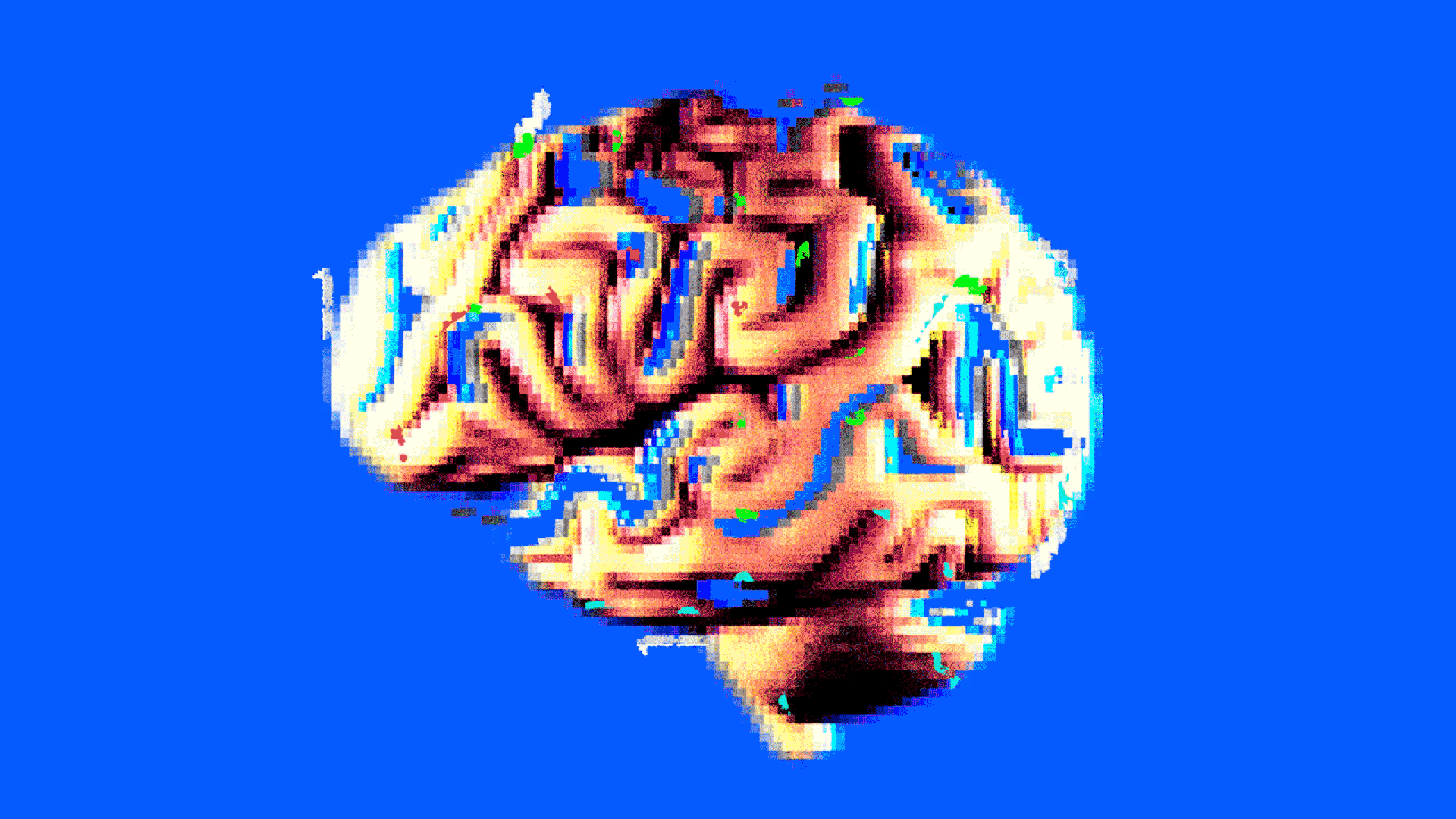 A pixelated illustration of a brain blurs vibrates in place.