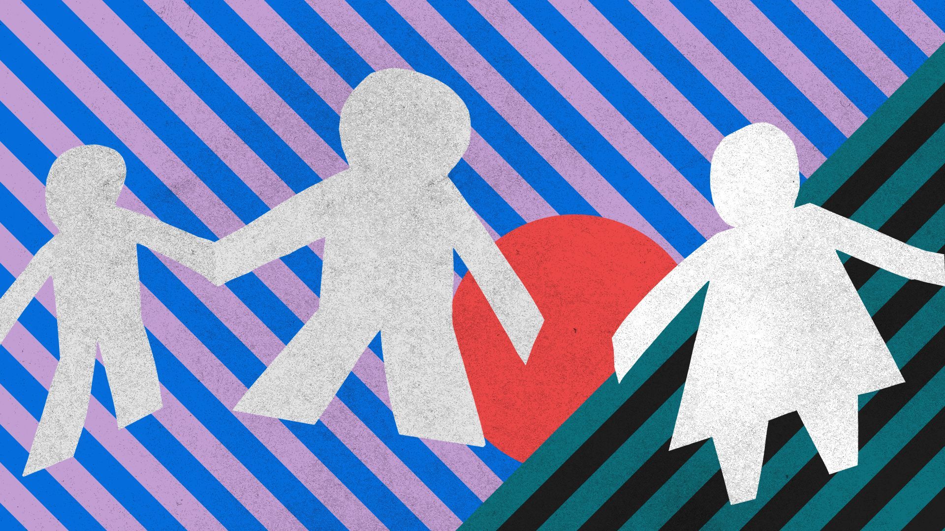 Illustration of a paper cutout family separated between the mother and father, over a pattern of geometric shapes.