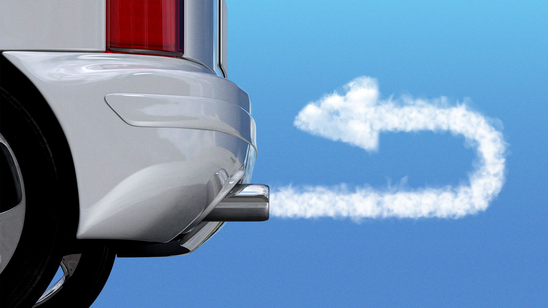 Illustration of gas coming out of a car exhaust, in the shape of a reverse symbol. 