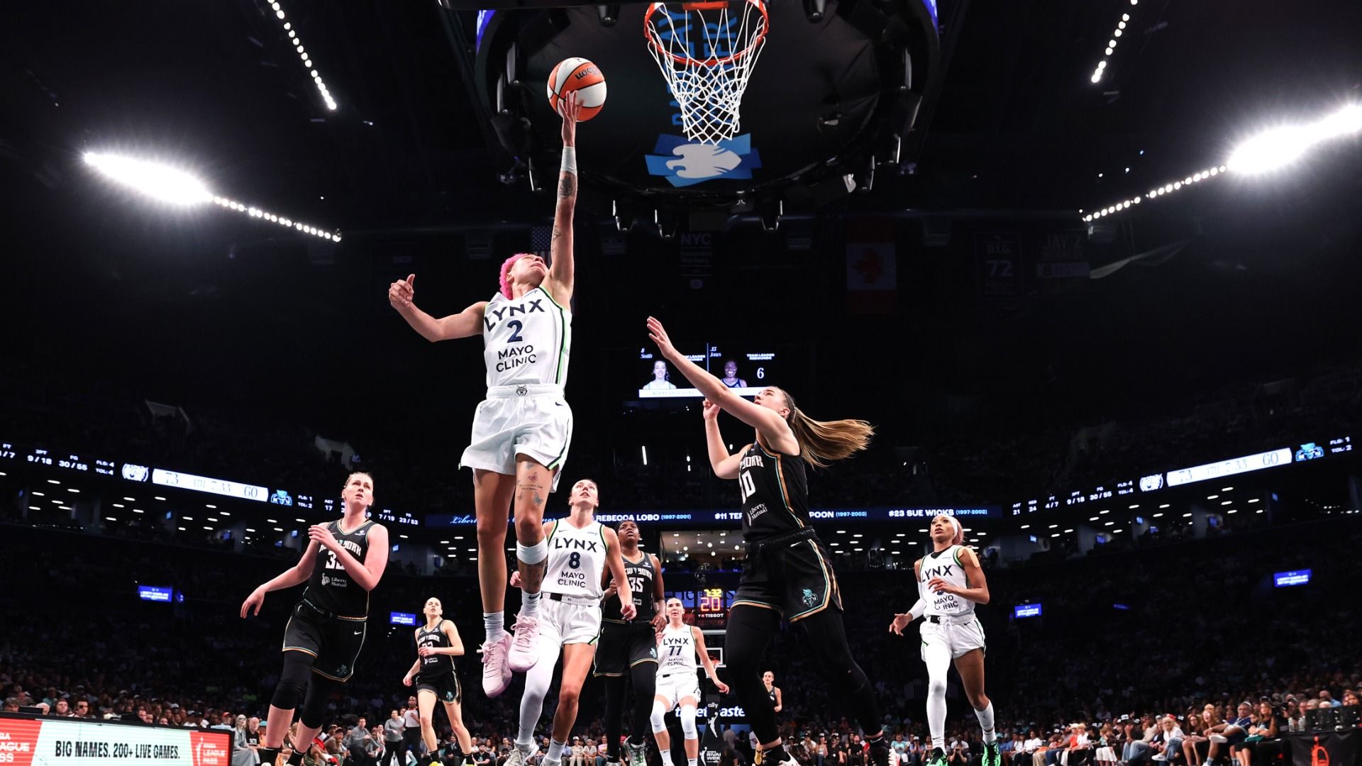 Minnesota Lynx player with a jersey No. 2 shoots the ball during the second half against the New York Liberty at Barclays Center on August 10, 2025.