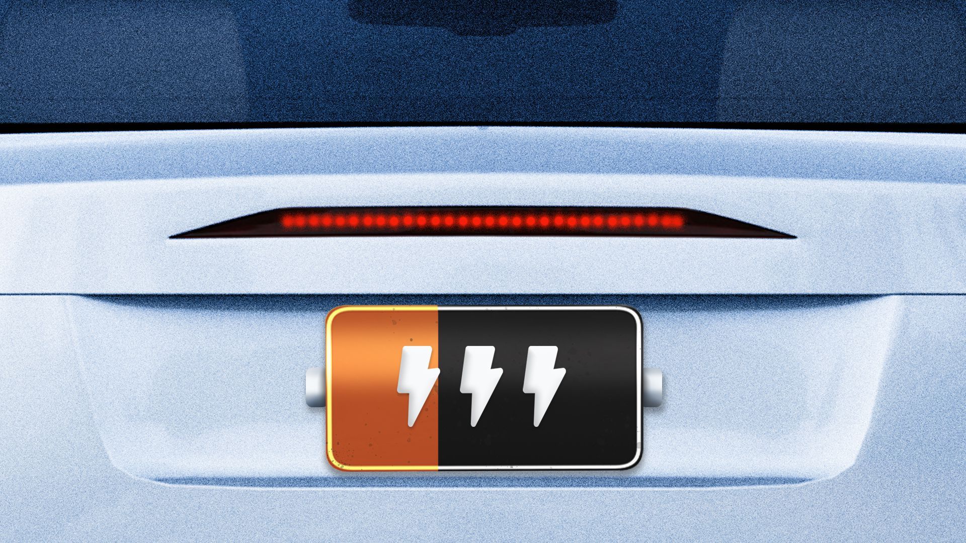 Illustration of a car with a battery-shaped license plate with electricity symbols on it