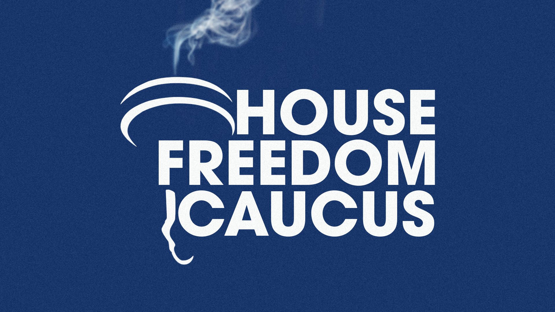 Illustration of  the House Freedom Caucus logo on a blue background with smoke rising from an extinguished lady liberty torch