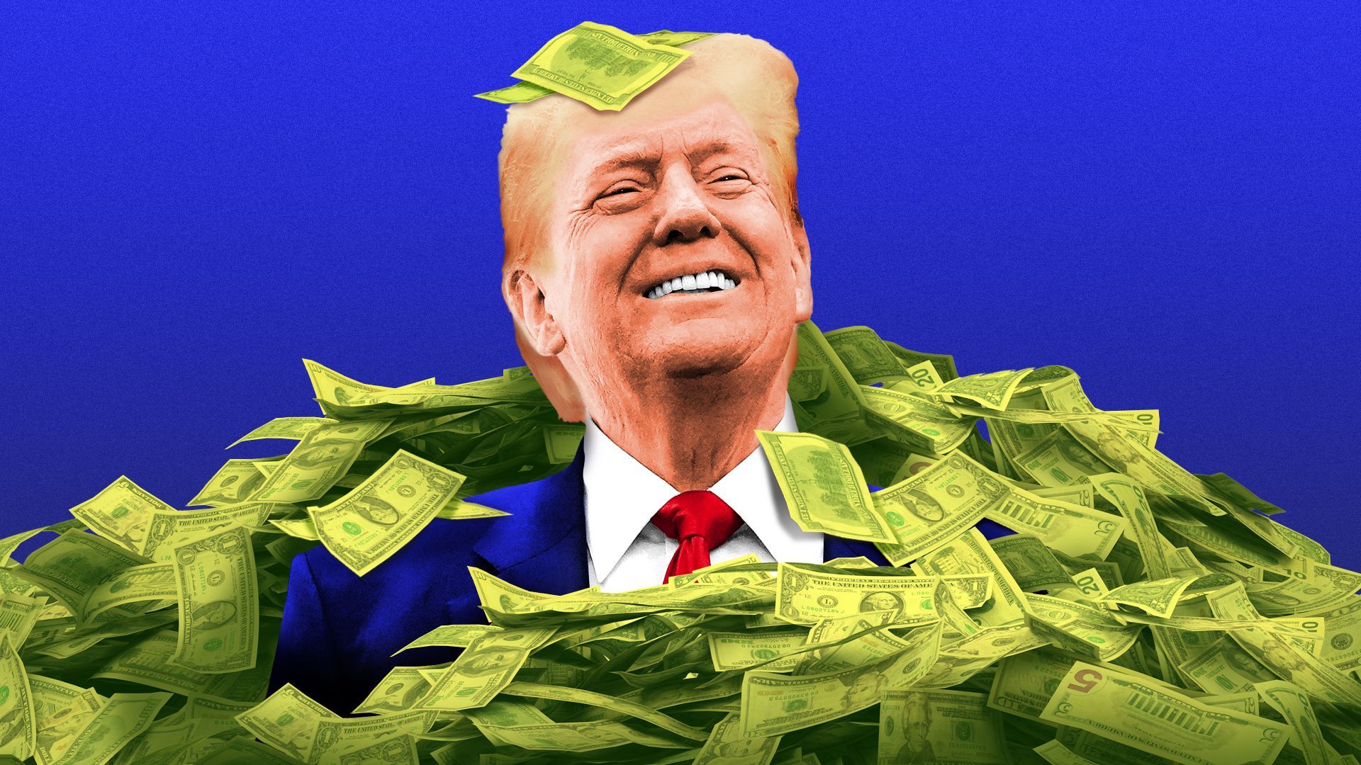 Photo illustration of President Donald Trump smiling in a pile of money