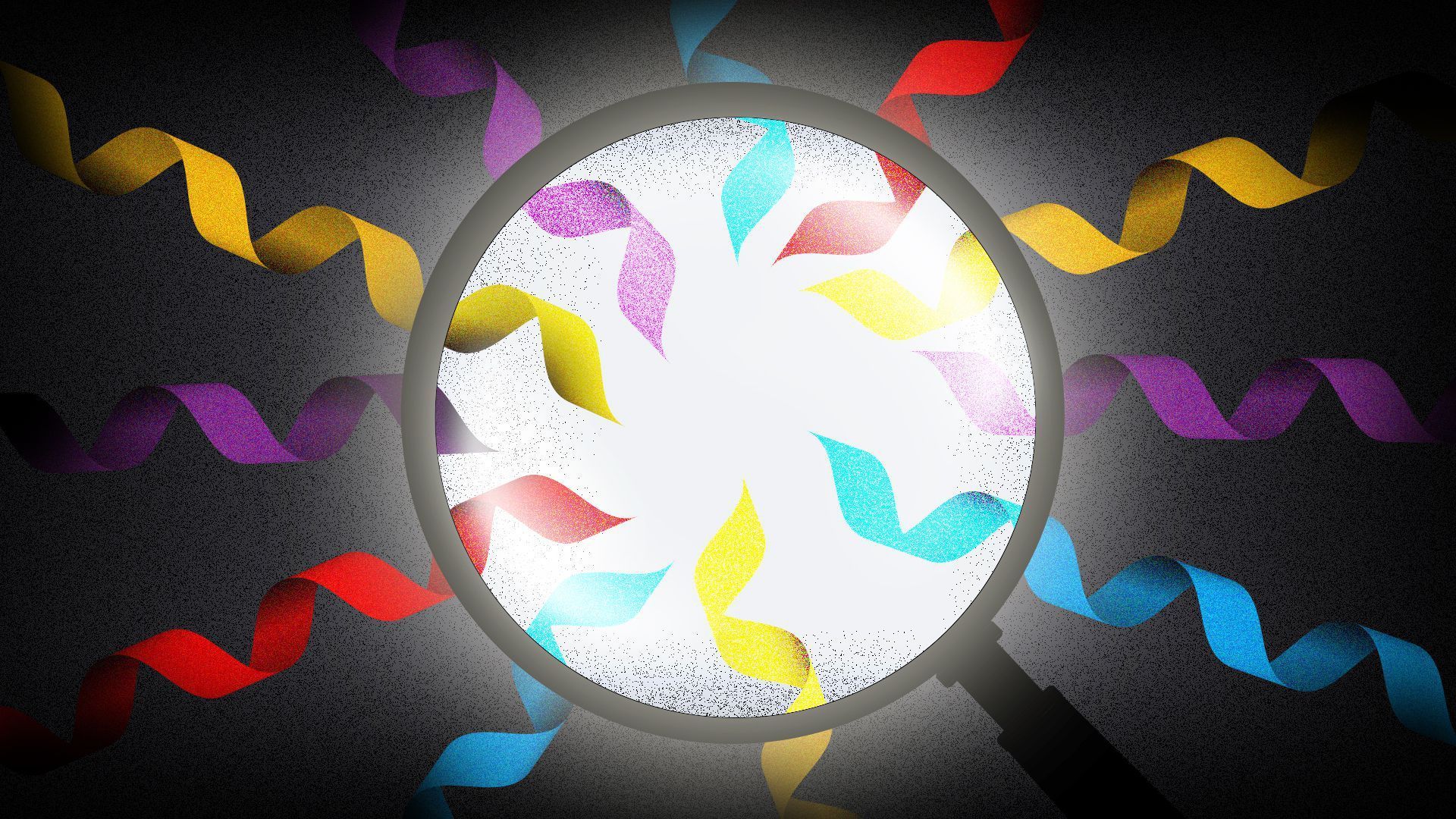 Magnifying glass over different colored ribbons representing proteins