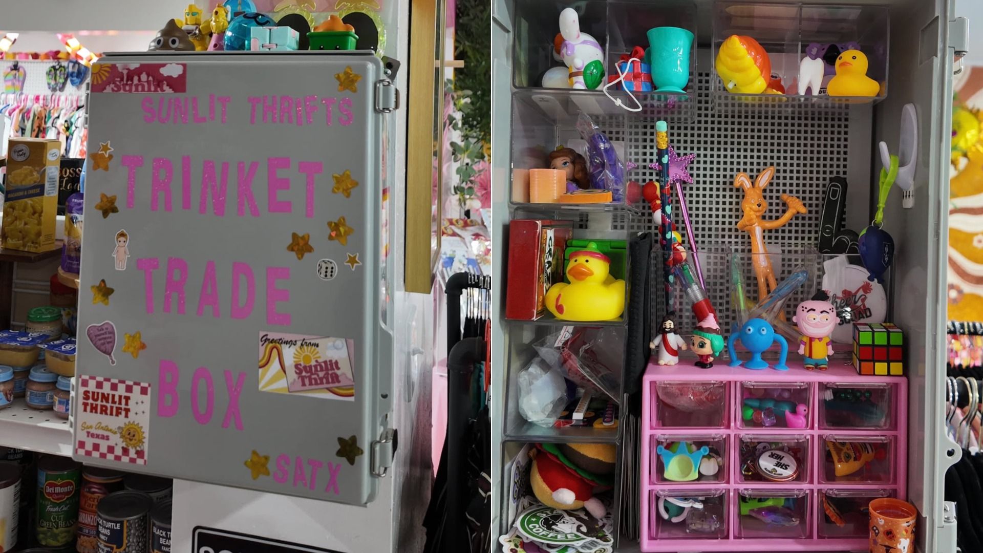 Split view of a toy thrift shop: left shows a gray cabinet with bright pink text reading "SUNLIT THRIFTS TRINKET TRADE BOX" and stickers; right reveals a clear display filled with colorful toys, ducks, figurines, and a pink storage unit.