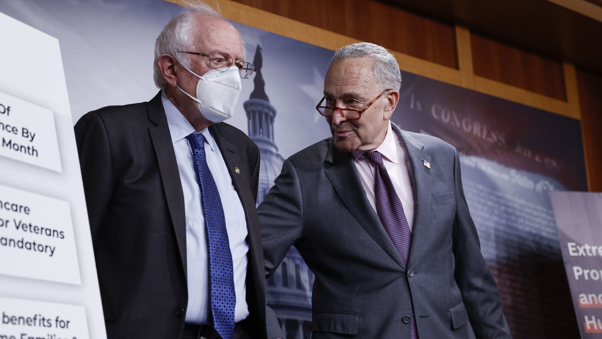 Senate Majority Leader Chuck Schumer (D-NY) speaks with Sen. Bernie Sanders (I-VT) during a press conference at the U.S. Capitol Building on March 01, 2023 in Washington, DC.