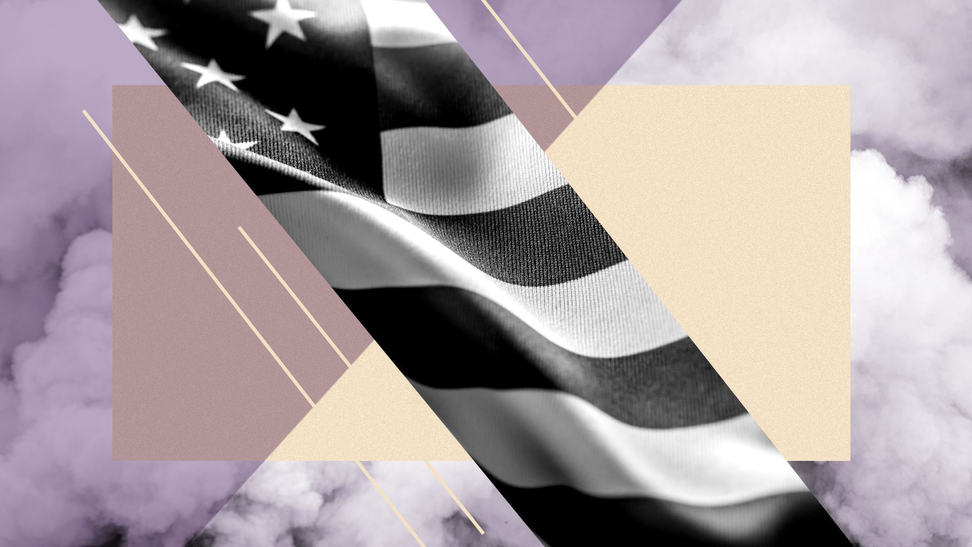 Illustration collage of the US flag image amongst geometric shapes and a photo of fog
